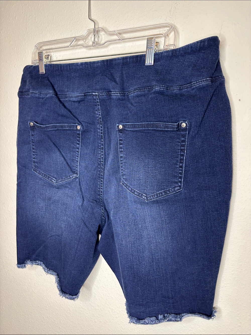 Belle by Kim Gravel Dark Blue Denim Frayed Hem Bermuda Shorts - Picture 7 of 9